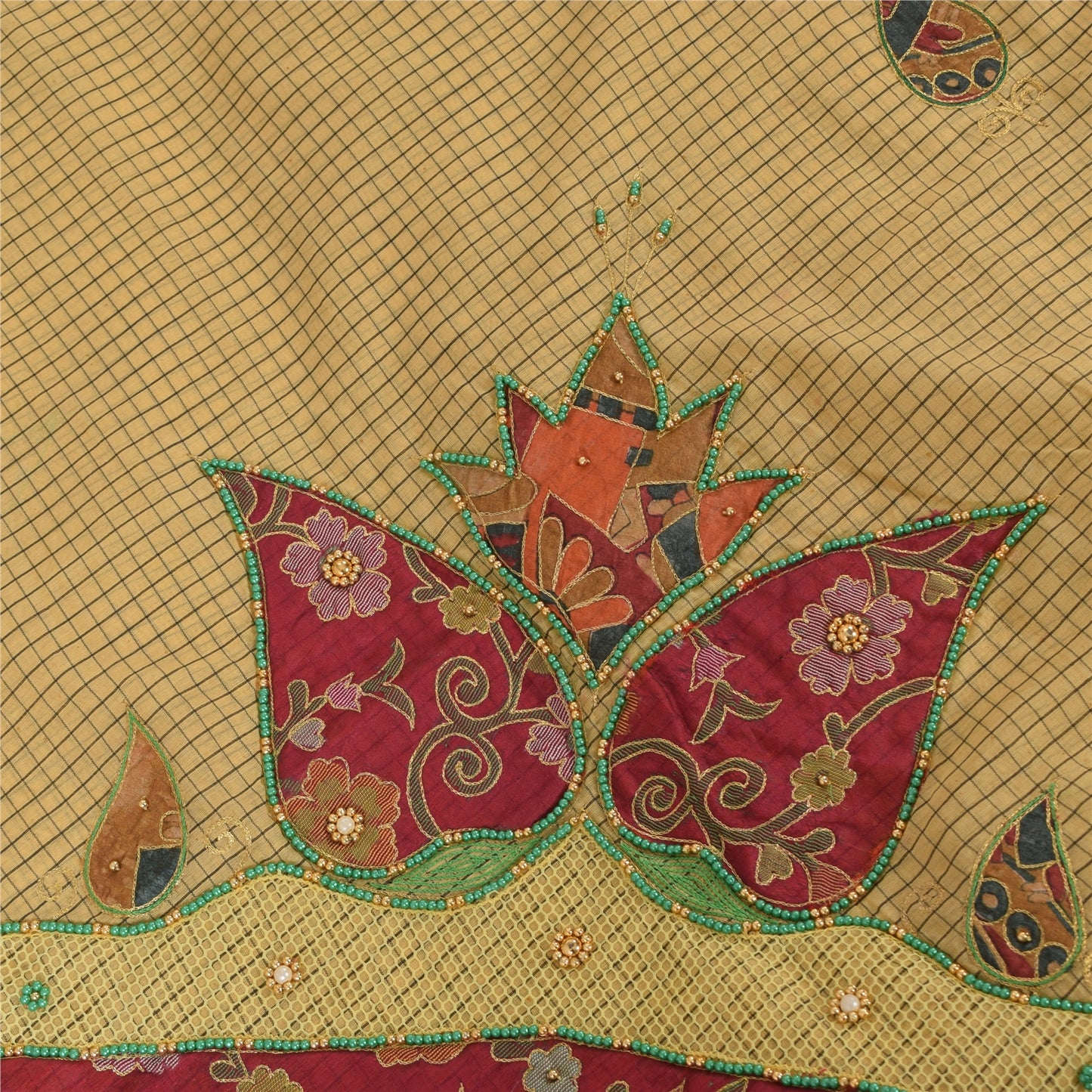 Sanskriti Vintage Cream Sarees Blend Cotton Hand Bead Zari Sari 5+YDCraft Fabric