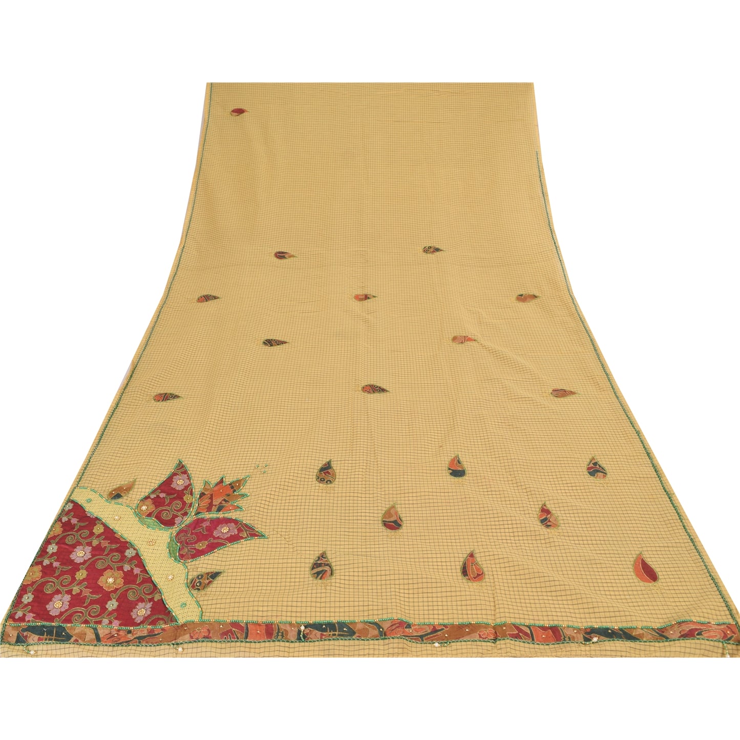 Sanskriti Vintage Cream Sarees Blend Cotton Hand Bead Zari Sari 5+YDCraft Fabric