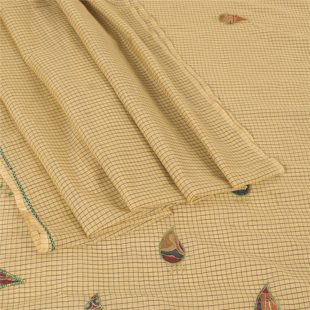 Sanskriti Vintage Cream Sarees Blend Cotton Hand Bead Zari Sari 5+YDCraft Fabric