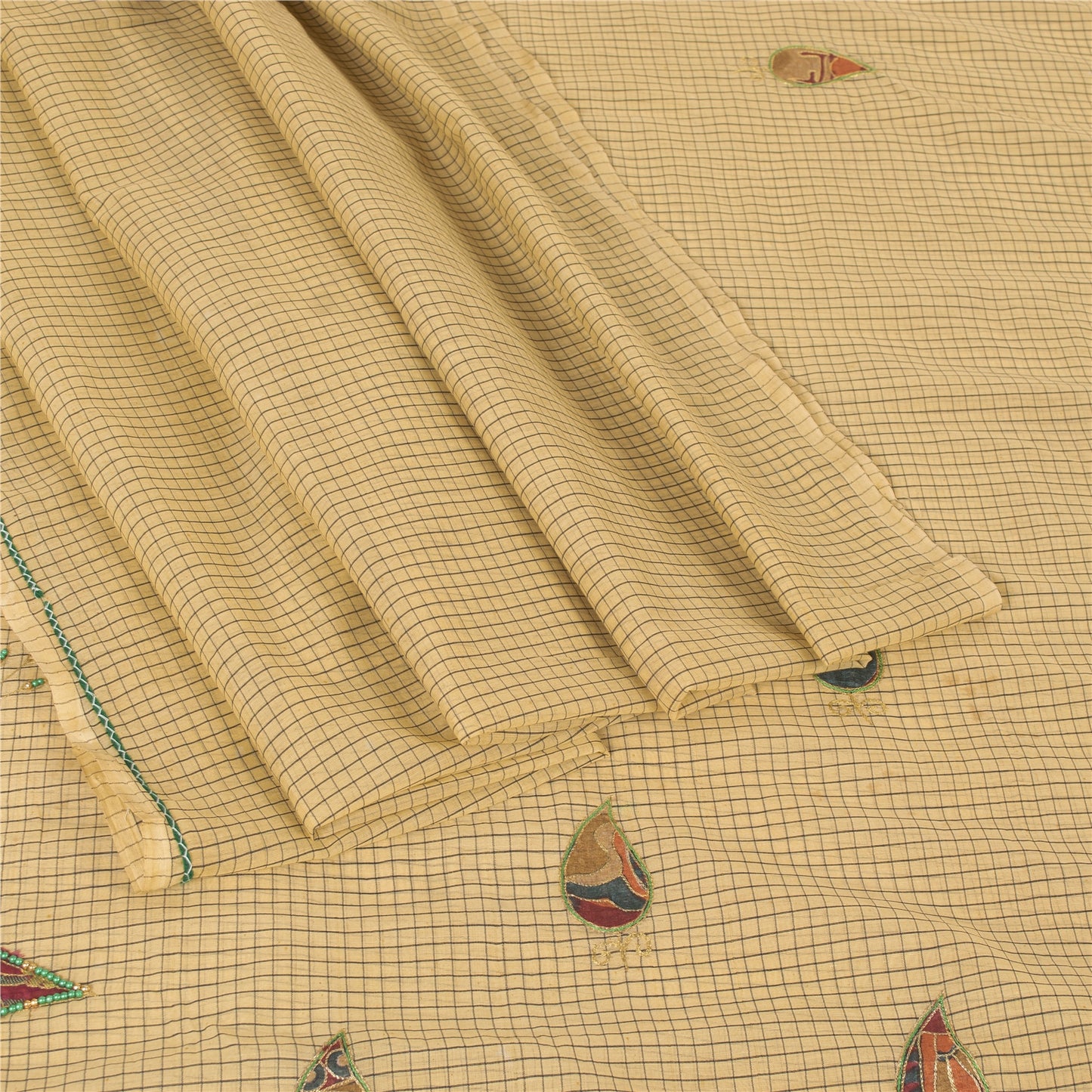 Sanskriti Vintage Cream Sarees Blend Cotton Hand Bead Zari Sari 5+YDCraft Fabric