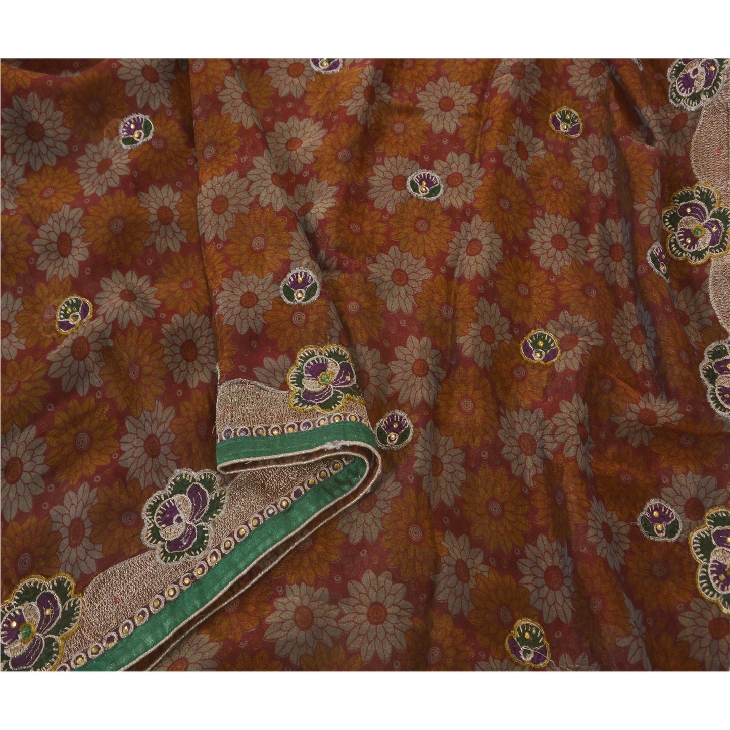Sanskriti Vintage Dark Red Sarees Art Silk Hand Beaded Craft 5 YD Fabric Sari