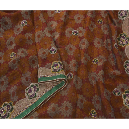 Sanskriti Vintage Dark Red Sarees Art Silk Hand Beaded Craft 5 YD Fabric Sari
