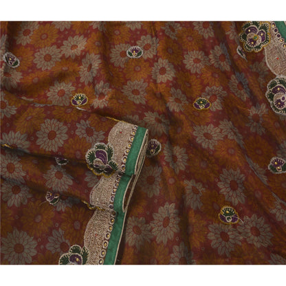Sanskriti Vintage Dark Red Sarees Art Silk Hand Beaded Craft 5 YD Fabric Sari