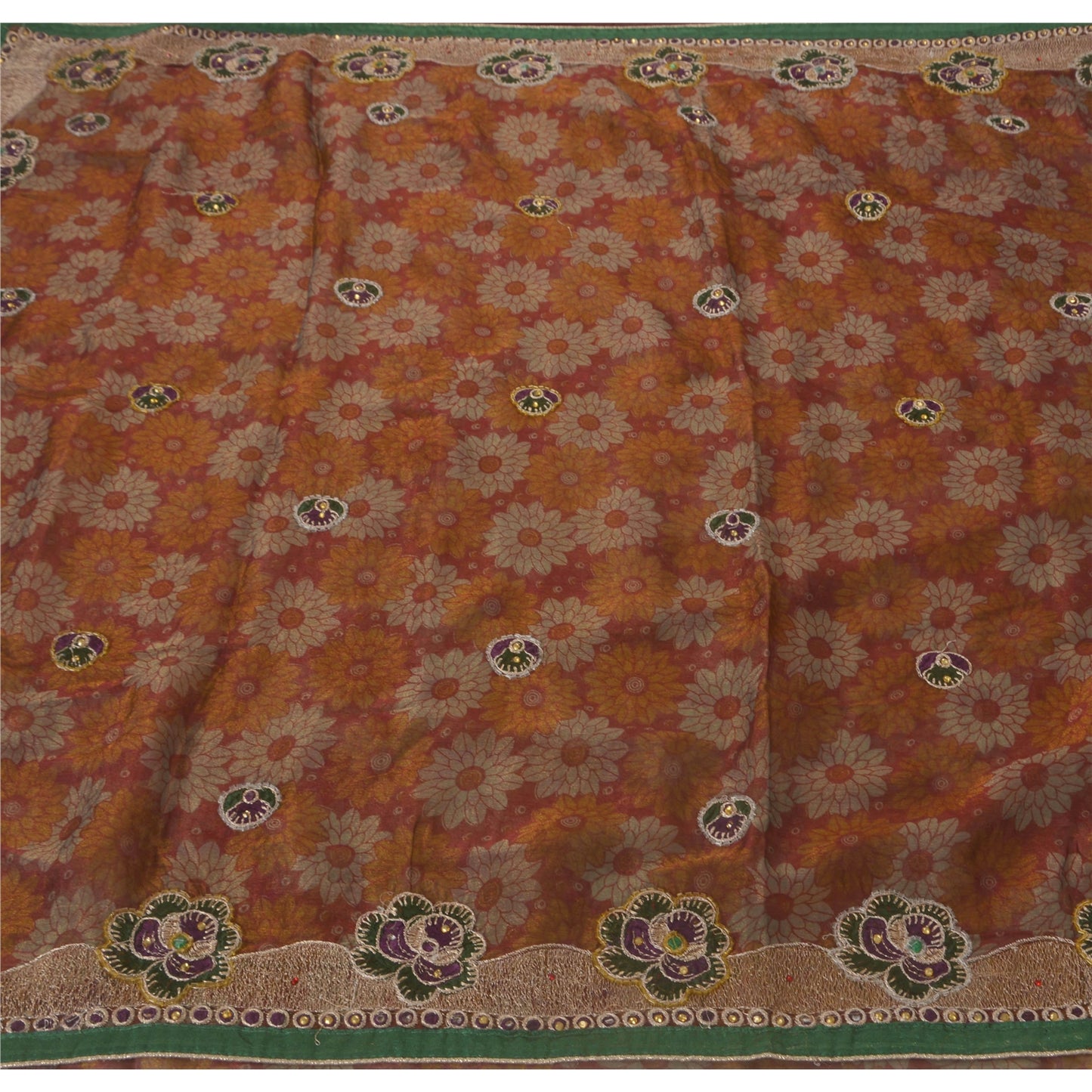 Sanskriti Vintage Dark Red Sarees Art Silk Hand Beaded Craft 5 YD Fabric Sari