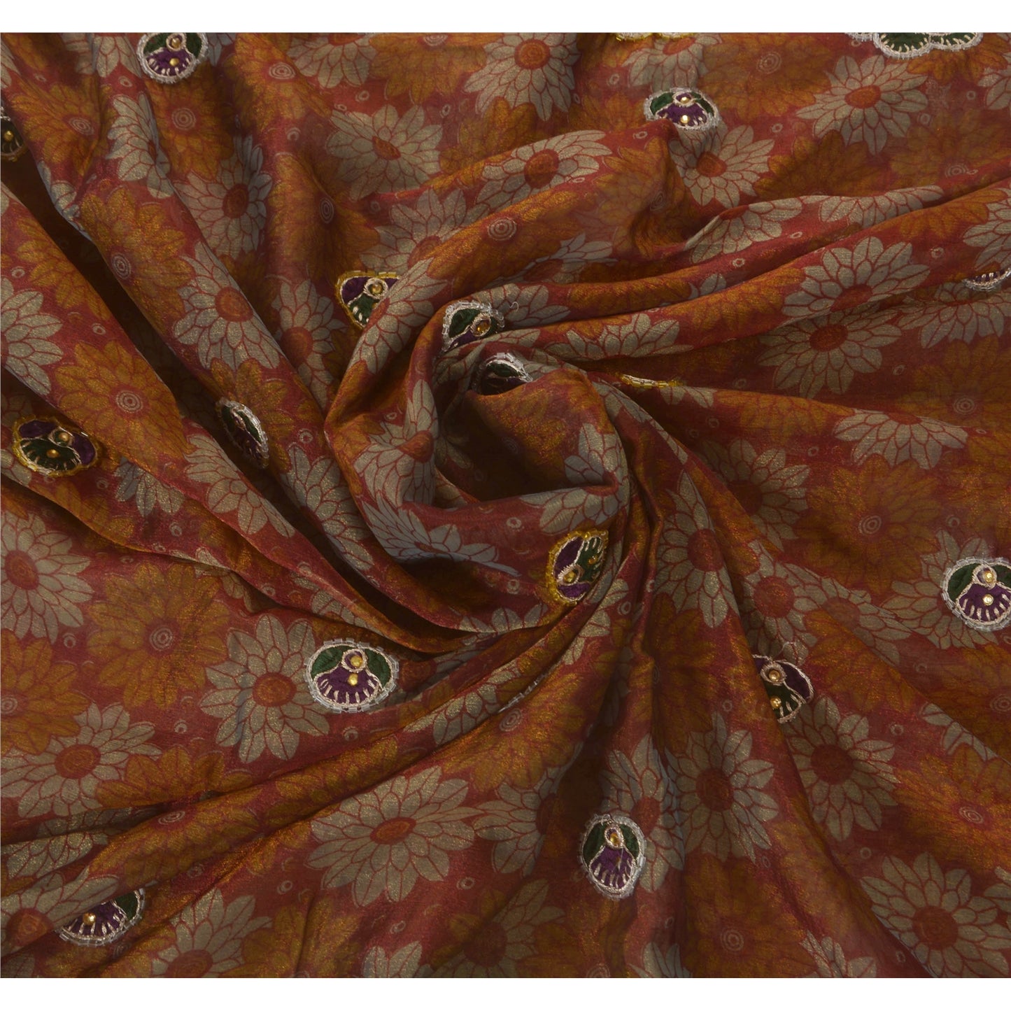 Sanskriti Vintage Dark Red Sarees Art Silk Hand Beaded Craft 5 YD Fabric Sari