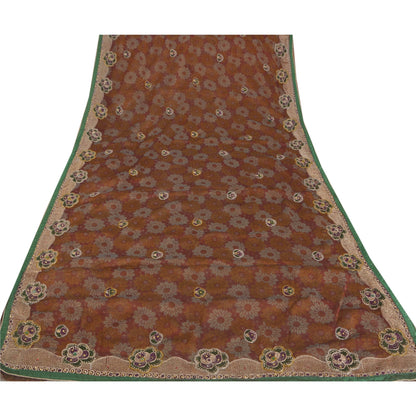 Sanskriti Vintage Dark Red Sarees Art Silk Hand Beaded Craft 5 YD Fabric Sari