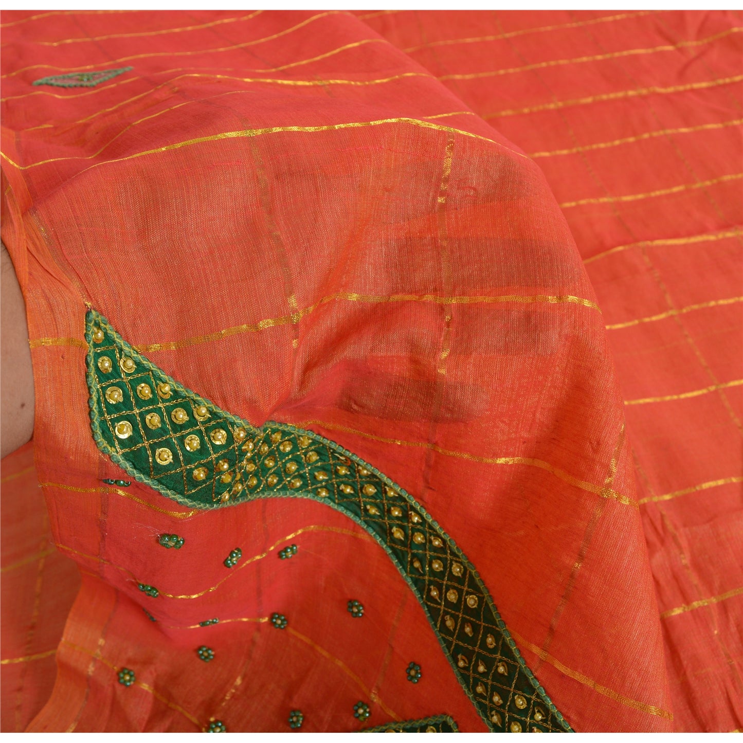 Sanskriti Vintage Orange Sarees Pure Silk Hand Beaded Orange Sari Fabric Craft