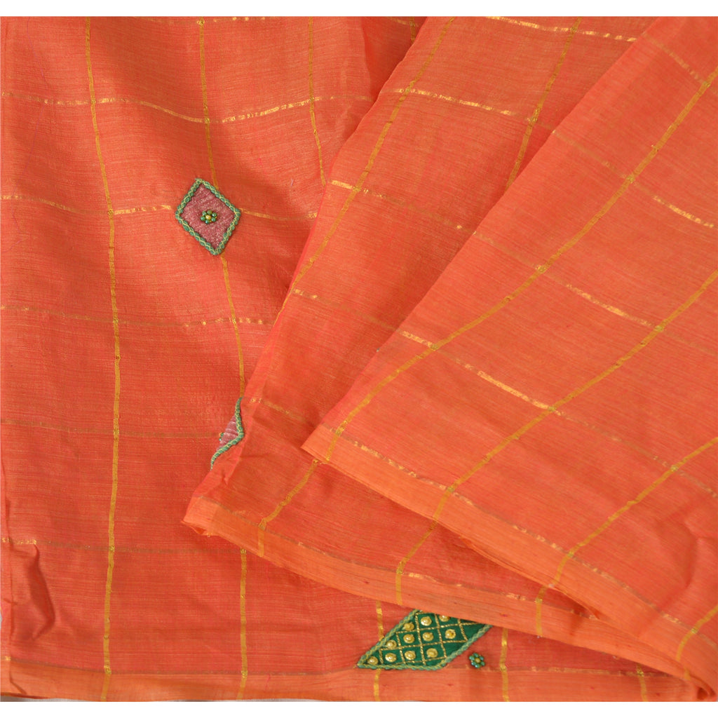 Sanskriti Vintage Orange Sarees Pure Silk Hand Beaded Orange Sari Fabric Craft