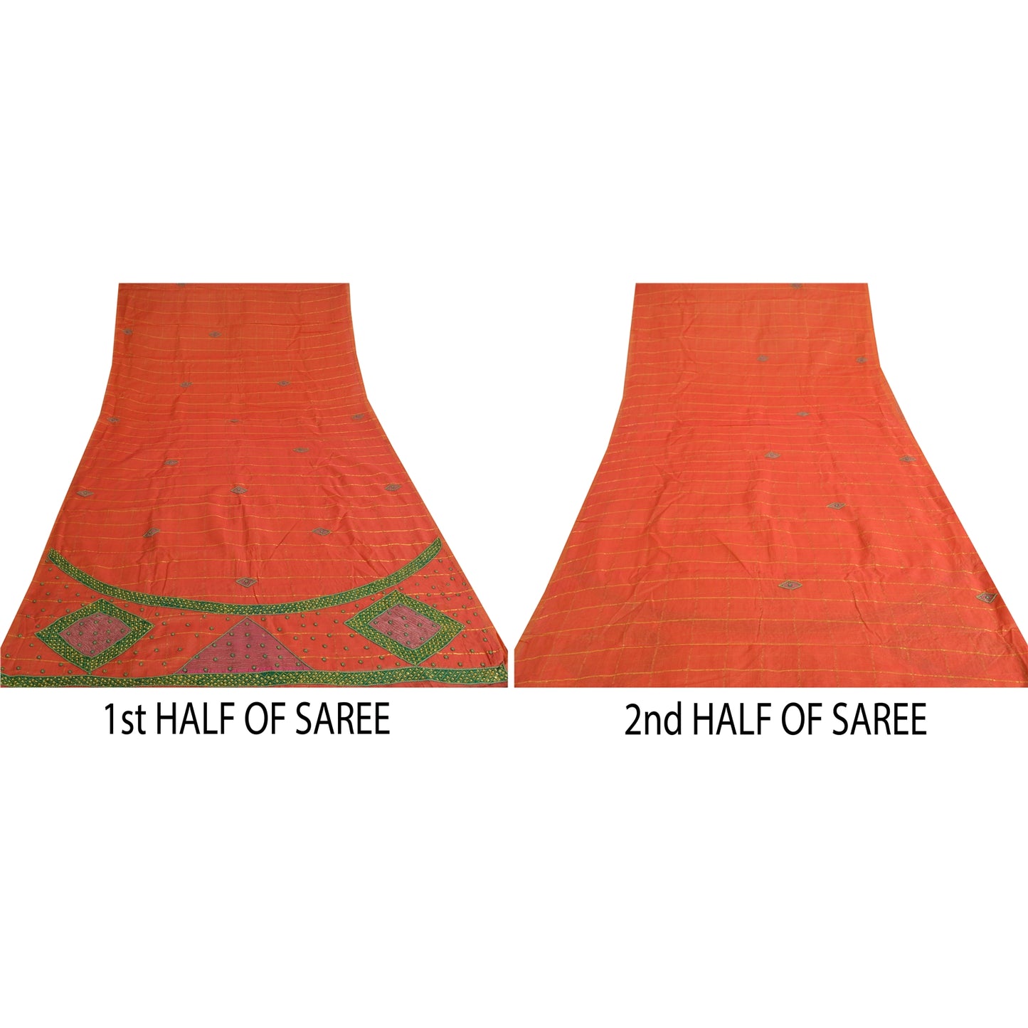 Sanskriti Vintage Orange Sarees Pure Silk Hand Beaded Orange Sari Fabric Craft