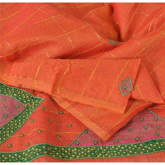 Sanskriti Vintage Orange Sarees Pure Silk Hand Beaded Orange Sari Fabric Craft
