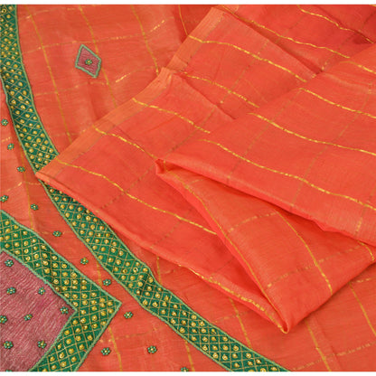 Sanskriti Vintage Orange Sarees Pure Silk Hand Beaded Orange Sari Fabric Craft