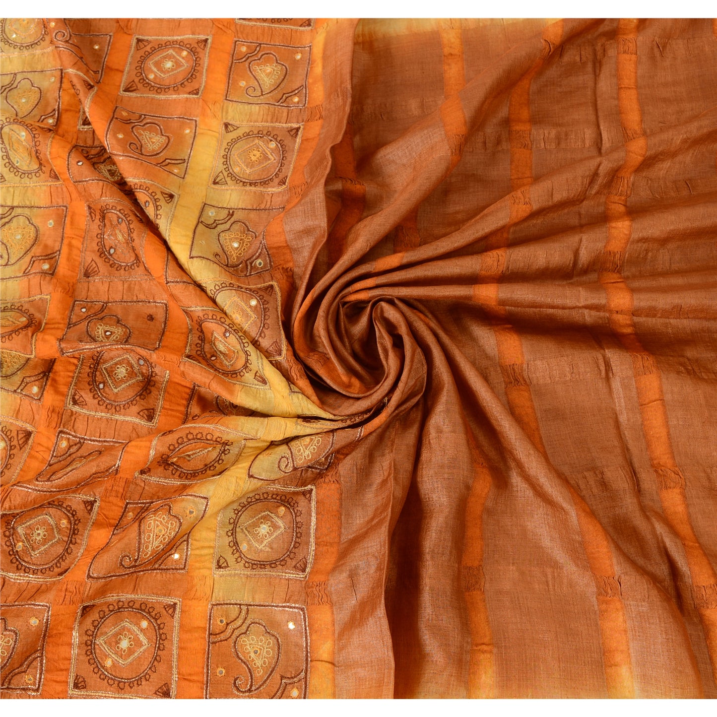 Sanskriti Vintage Embroidered Pure Silk Sari Fabric: Vintage Indian Saree, Brown & Orange, 5yd Crafters, Upcyclers, Indian Eco-Friendly Fabric