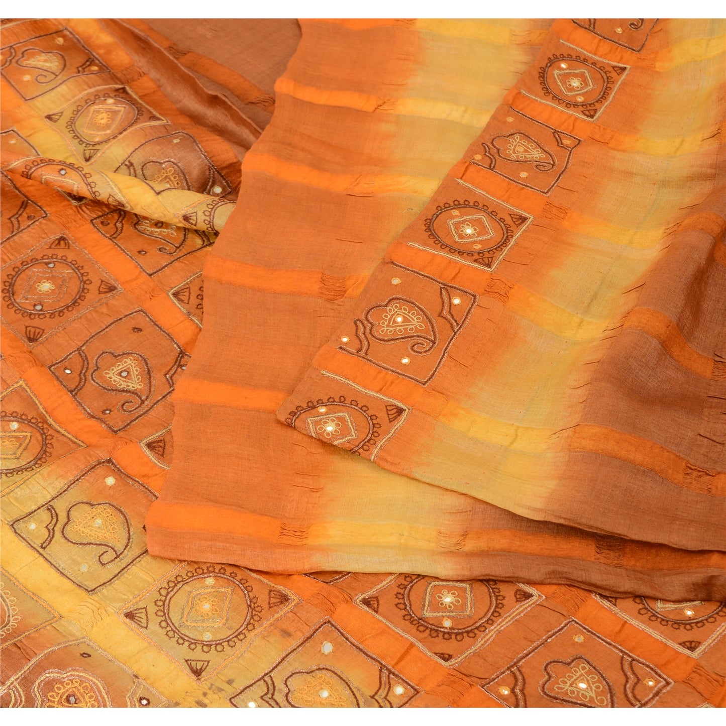 Sanskriti Vintage Embroidered Pure Silk Sari Fabric: Vintage Indian Saree, Brown & Orange, 5yd Crafters, Upcyclers, Indian Eco-Friendly Fabric