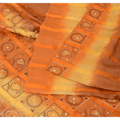 Sanskriti Vintage Embroidered Pure Silk Sari Fabric: Vintage Indian Saree, Brown & Orange, 5yd Crafters, Upcyclers, Indian Eco-Friendly Fabric
