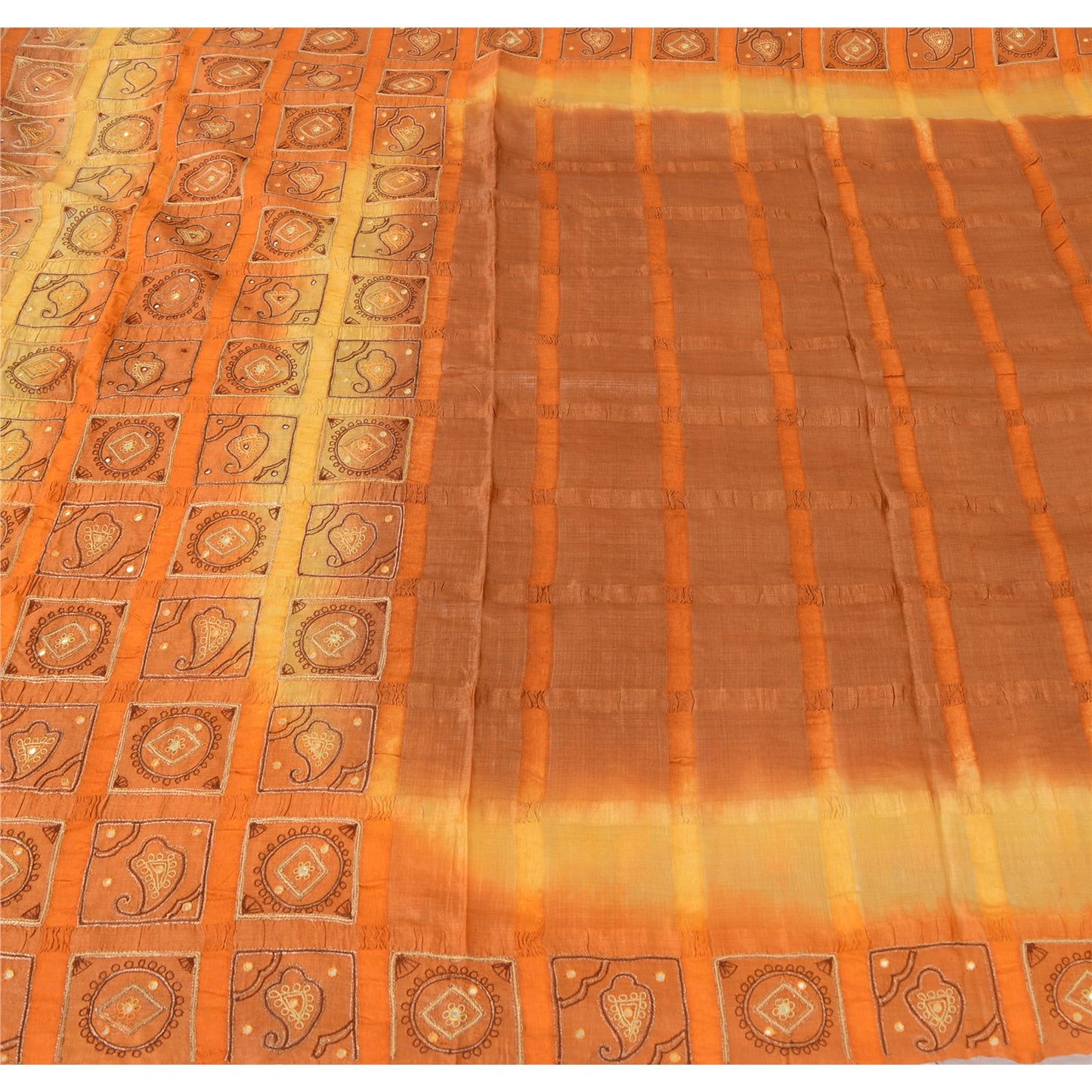 Sanskriti Vintage Embroidered Pure Silk Sari Fabric: Vintage Indian Saree, Brown & Orange, 5yd Crafters, Upcyclers, Indian Eco-Friendly Fabric