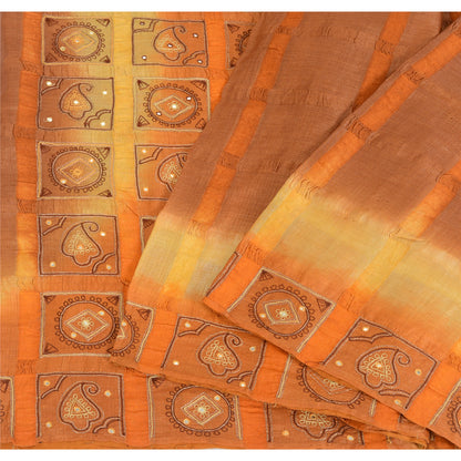 Sanskriti Vintage Embroidered Pure Silk Sari Fabric: Vintage Indian Saree, Brown & Orange, 5yd Crafters, Upcyclers, Indian Eco-Friendly Fabric