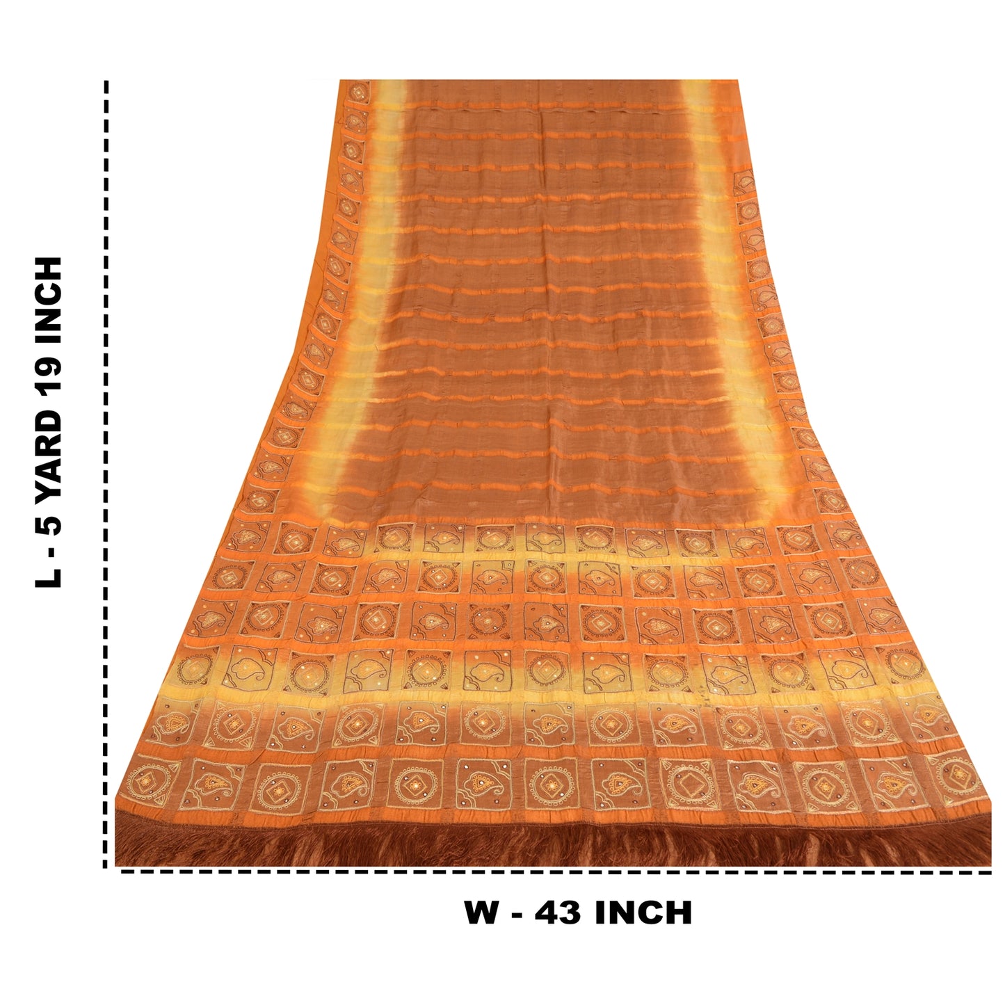 Sanskriti Vintage Embroidered Pure Silk Sari Fabric: Vintage Indian Saree, Brown & Orange, 5yd Crafters, Upcyclers, Indian Eco-Friendly Fabric