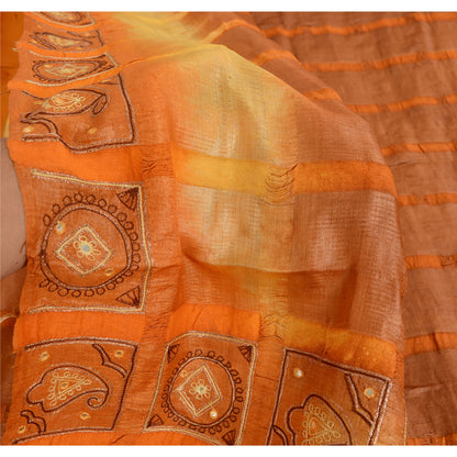 Sanskriti Vintage Embroidered Pure Silk Sari Fabric: Vintage Indian Saree, Brown & Orange, 5yd Crafters, Upcyclers, Indian Eco-Friendly Fabric