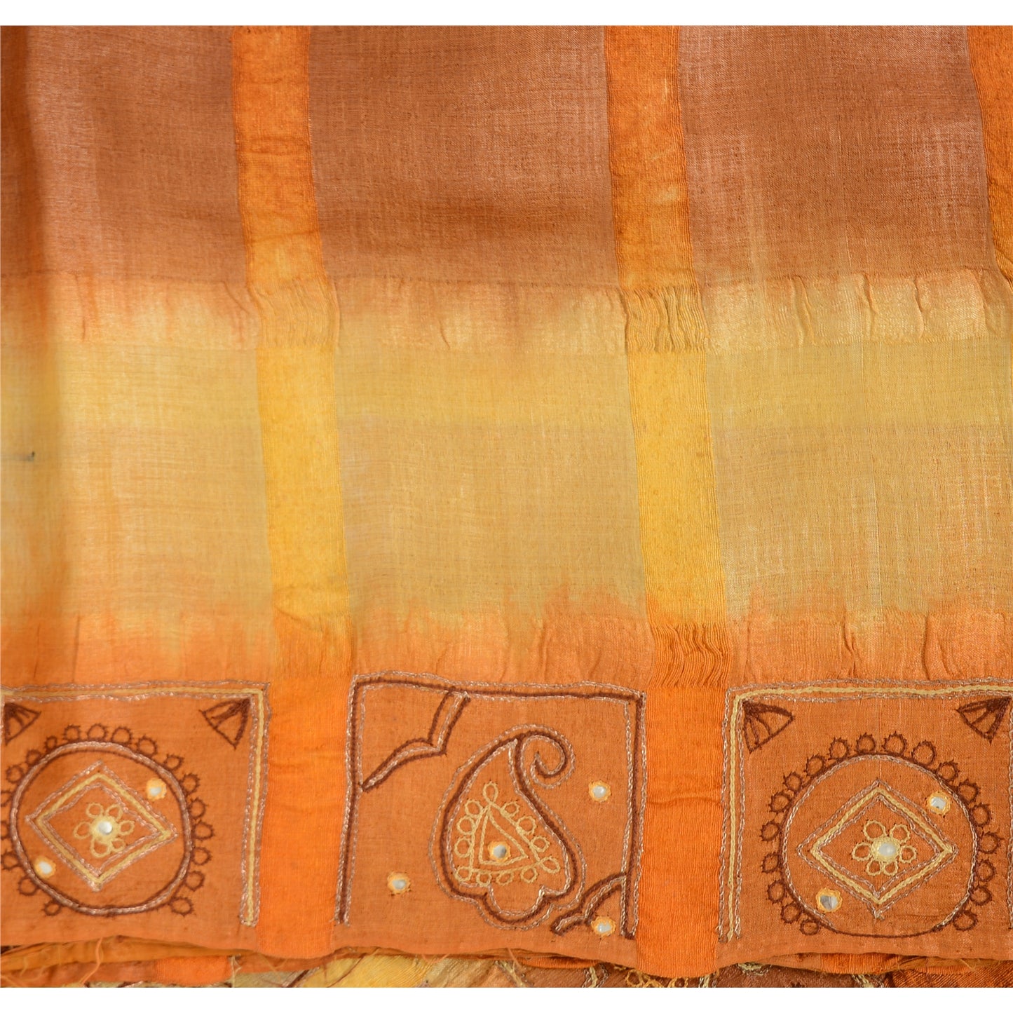 Sanskriti Vintage Embroidered Pure Silk Sari Fabric: Vintage Indian Saree, Brown & Orange, 5yd Crafters, Upcyclers, Indian Eco-Friendly Fabric