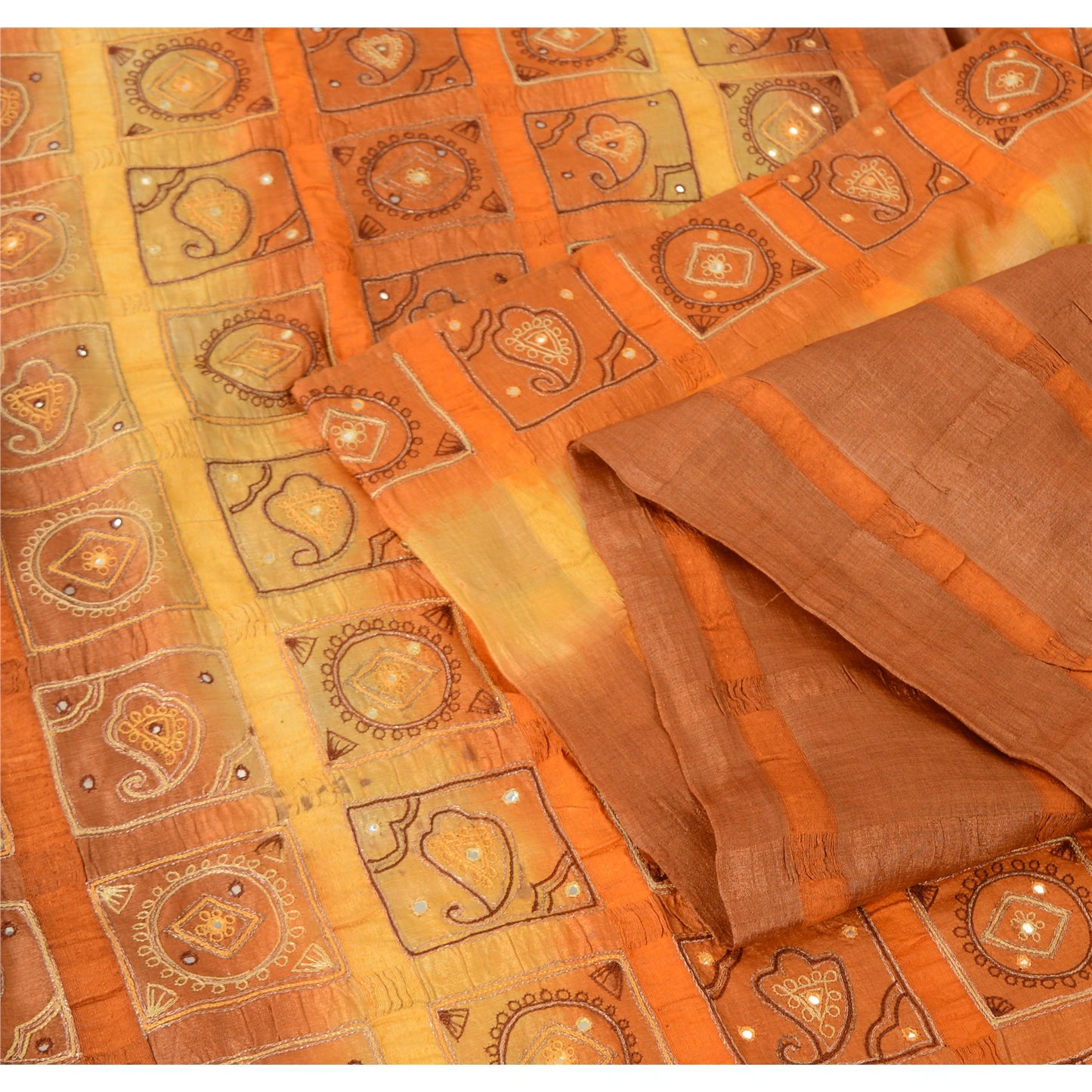Sanskriti Vintage Embroidered Pure Silk Sari Fabric: Vintage Indian Saree, Brown & Orange, 5yd Crafters, Upcyclers, Indian Eco-Friendly Fabric