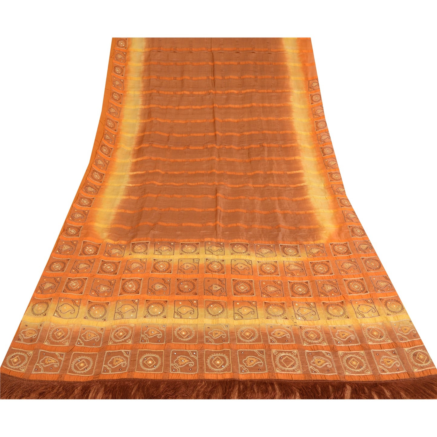 Sanskriti Vintage Embroidered Pure Silk Sari Fabric: Vintage Indian Saree, Brown & Orange, 5yd Crafters, Upcyclers, Indian Eco-Friendly Fabric
