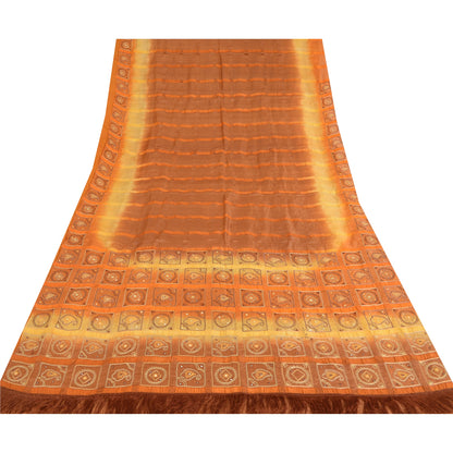 Sanskriti Vintage Embroidered Pure Silk Sari Fabric: Vintage Indian Saree, Brown & Orange, 5yd Crafters, Upcyclers, Indian Eco-Friendly Fabric