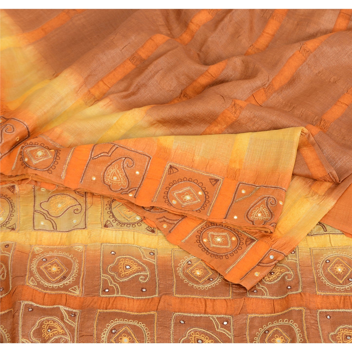 Sanskriti Vintage Embroidered Pure Silk Sari Fabric: Vintage Indian Saree, Brown & Orange, 5yd Crafters, Upcyclers, Indian Eco-Friendly Fabric