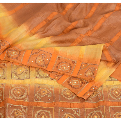 Sanskriti Vintage Embroidered Pure Silk Sari Fabric: Vintage Indian Saree, Brown & Orange, 5yd Crafters, Upcyclers, Indian Eco-Friendly Fabric
