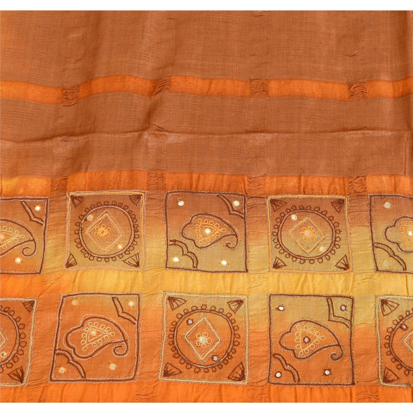 Sanskriti Vintage Embroidered Pure Silk Sari Fabric: Vintage Indian Saree, Brown & Orange, 5yd Crafters, Upcyclers, Indian Eco-Friendly Fabric