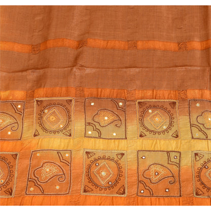 Sanskriti Vintage Embroidered Pure Silk Sari Fabric: Vintage Indian Saree, Brown & Orange, 5yd Crafters, Upcyclers, Indian Eco-Friendly Fabric