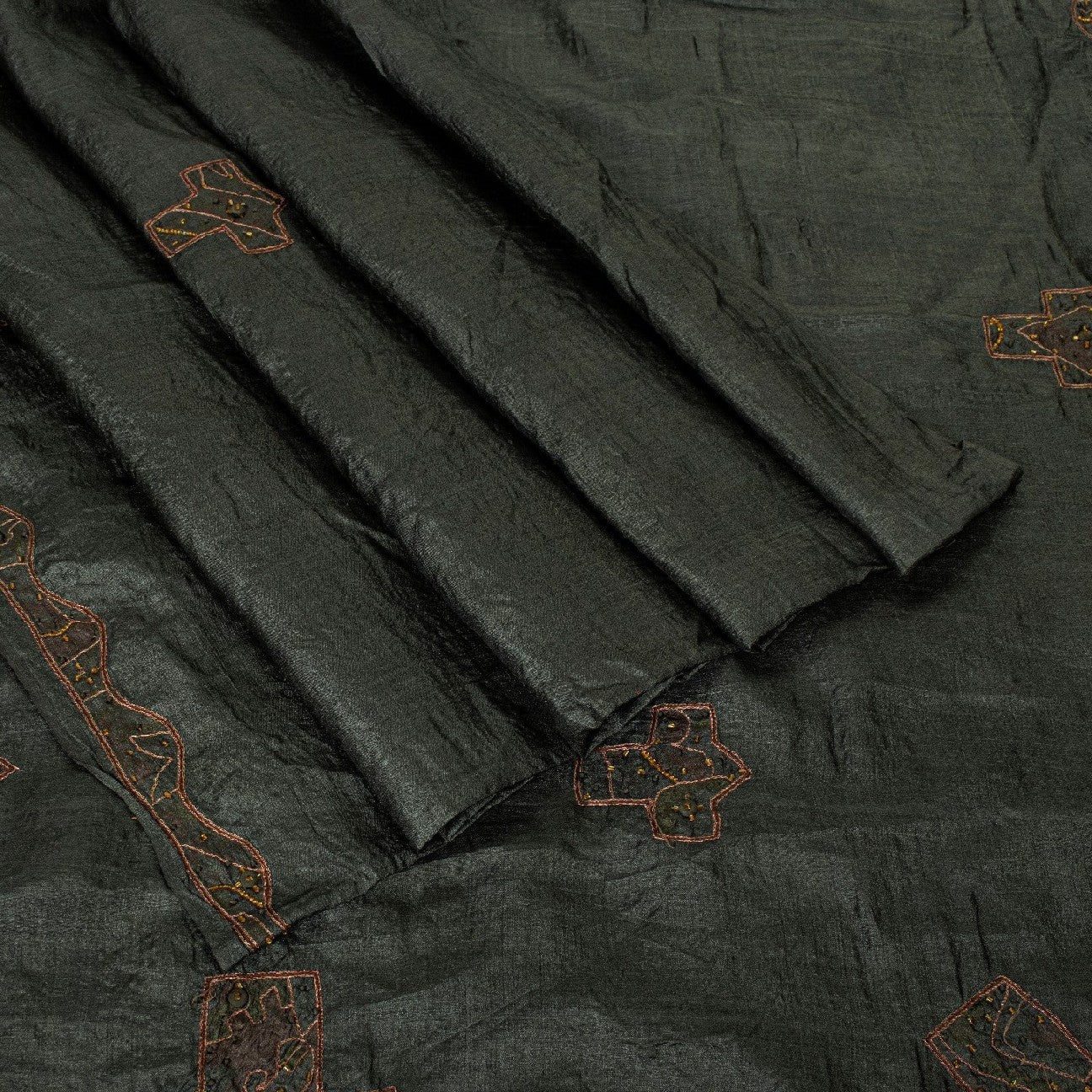 Sanskriti Vintage Dark Gray Sarees Pure Silk Hand Beaded Sari 5+yd Craft Fabric