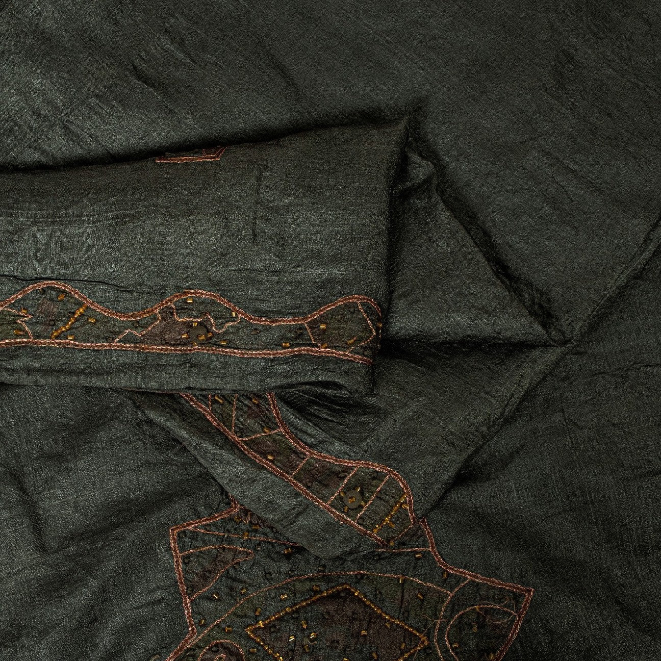 Sanskriti Vintage Dark Gray Sarees Pure Silk Hand Beaded Sari 5+yd Craft Fabric