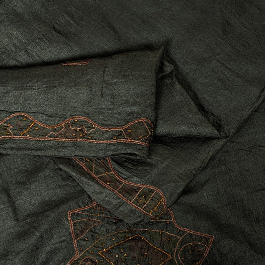 Sanskriti Vintage Dark Gray Sarees Pure Silk Hand Beaded Sari 5+yd Craft Fabric