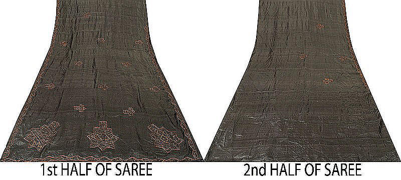 Sanskriti Vintage Dark Gray Sarees Pure Silk Hand Beaded Sari 5+yd Craft Fabric
