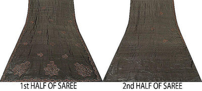 Sanskriti Vintage Dark Gray Sarees Pure Silk Hand Beaded Sari 5+yd Craft Fabric