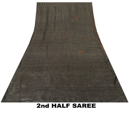 Sanskriti Vintage Dark Gray Sarees Pure Silk Hand Beaded Sari 5+yd Craft Fabric