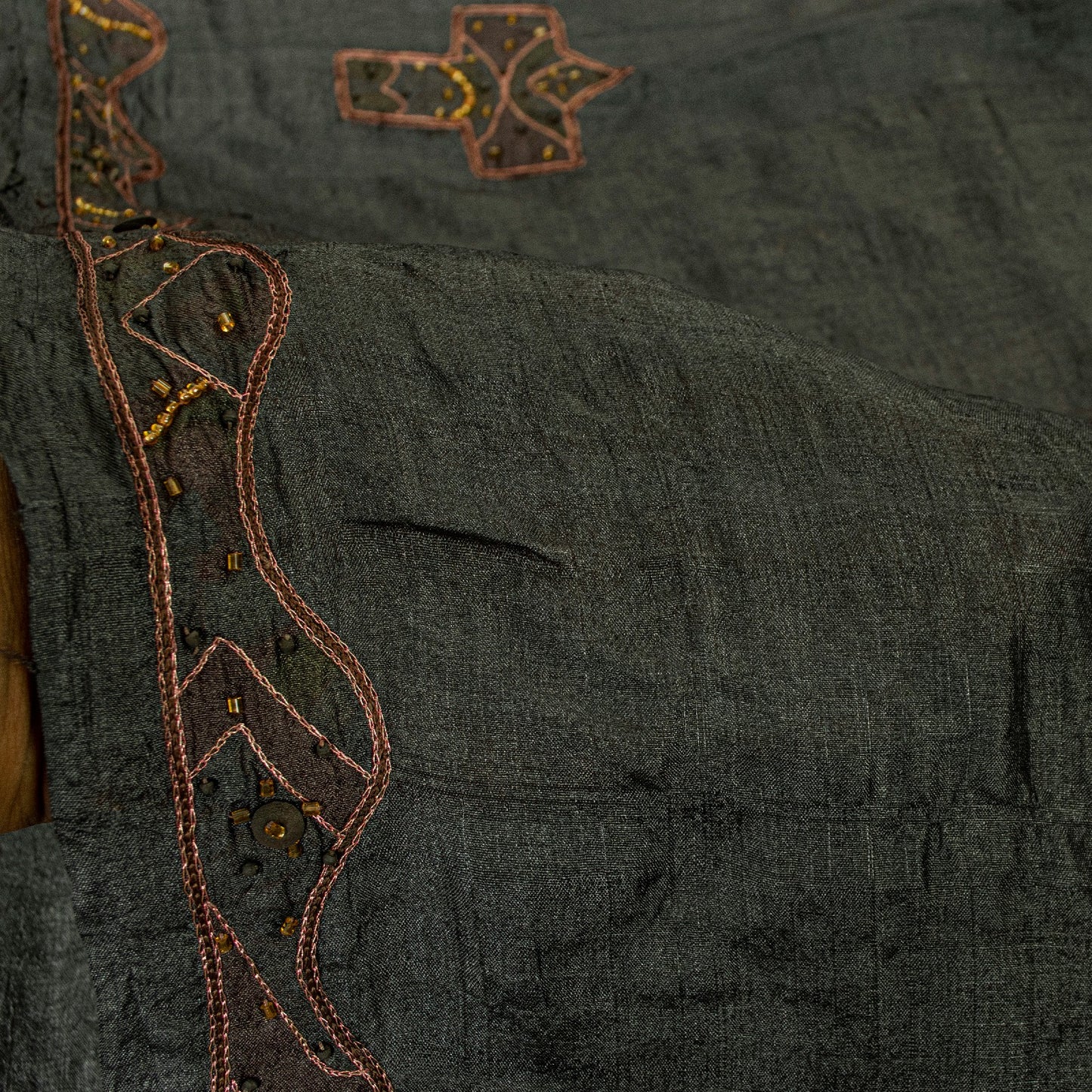 Sanskriti Vintage Dark Gray Sarees Pure Silk Hand Beaded Sari 5+yd Craft Fabric