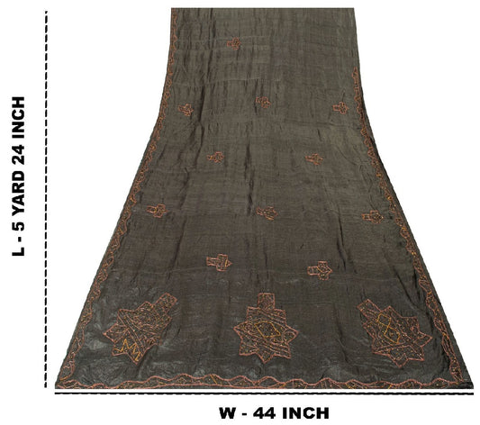 Sanskriti Vintage Dark Gray Sarees Pure Silk Hand Beaded Sari 5+yd Craft Fabric