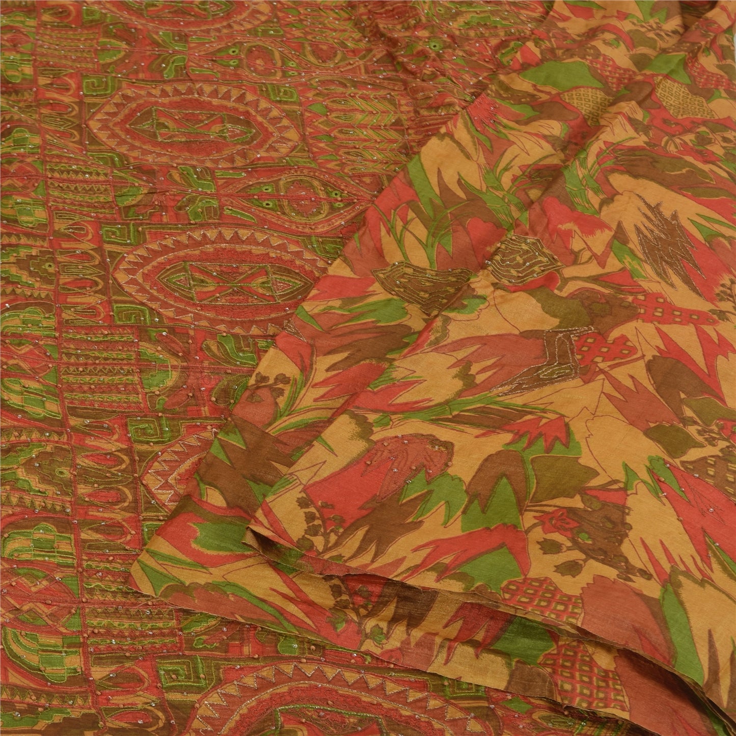 Sanskriti Vintage Indian Sarees Pure Silk Hand Beaded Ethnic Sari Craft Fabric