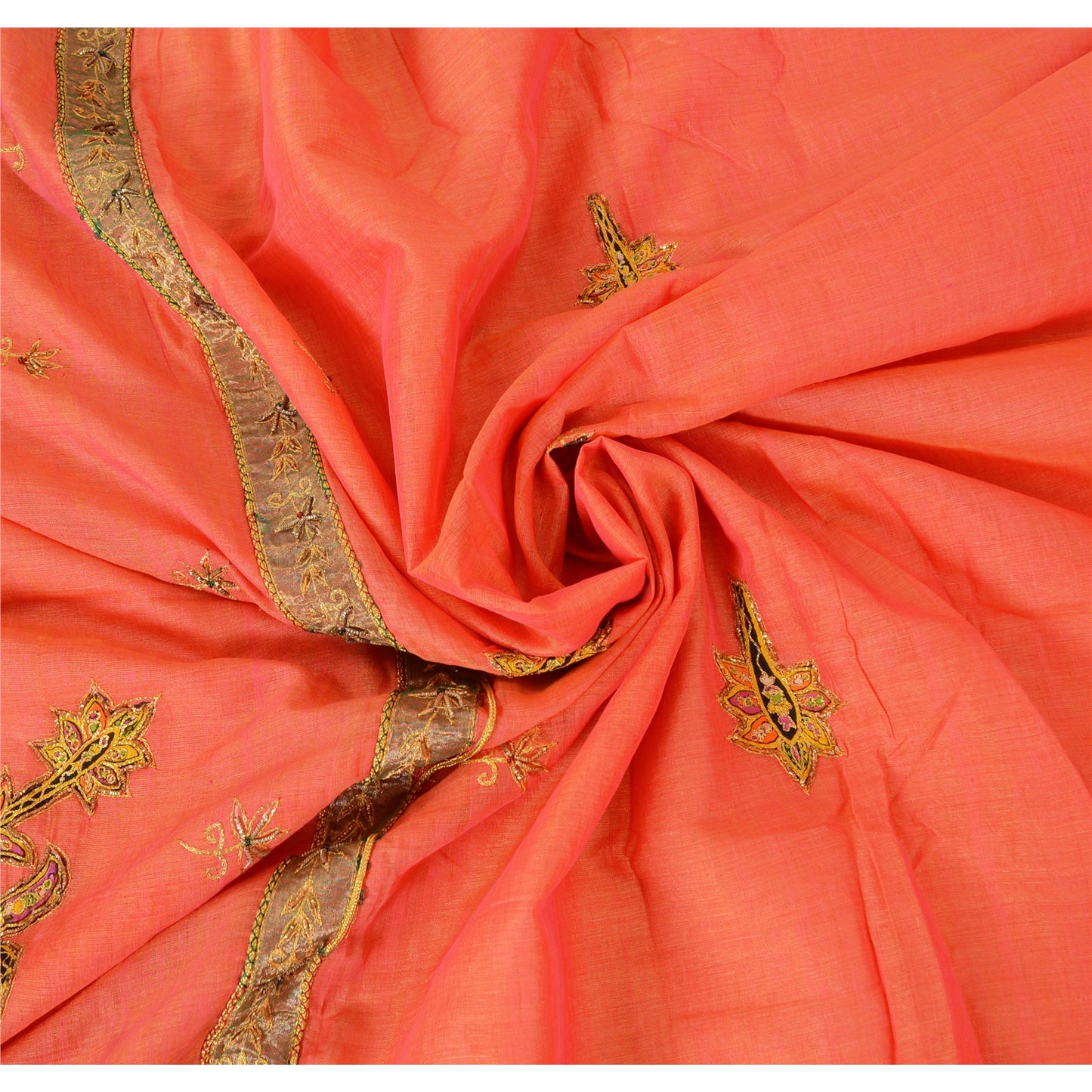 Sanskriti Vintage Indian Peach Sarees Cotton Silk Hand Beaded Sari Craft Fabric