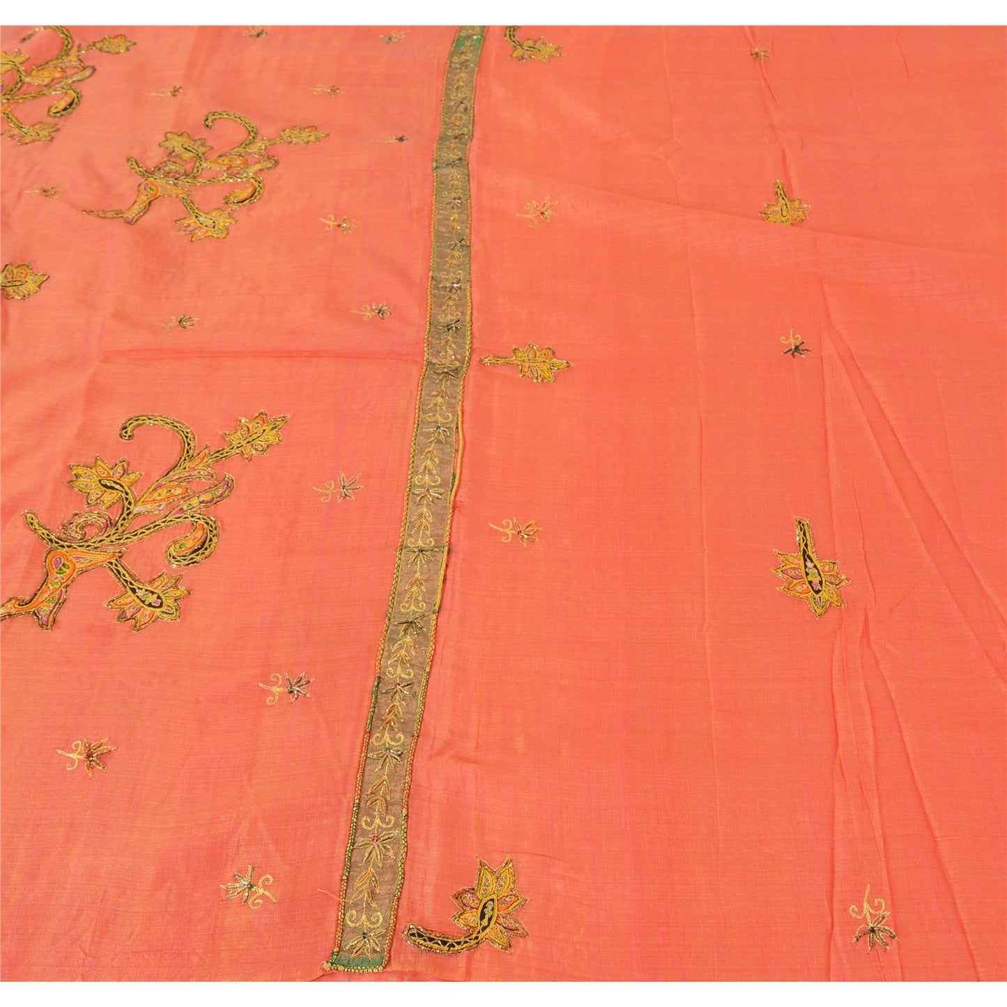 Sanskriti Vintage Indian Peach Sarees Cotton Silk Hand Beaded Sari Craft Fabric