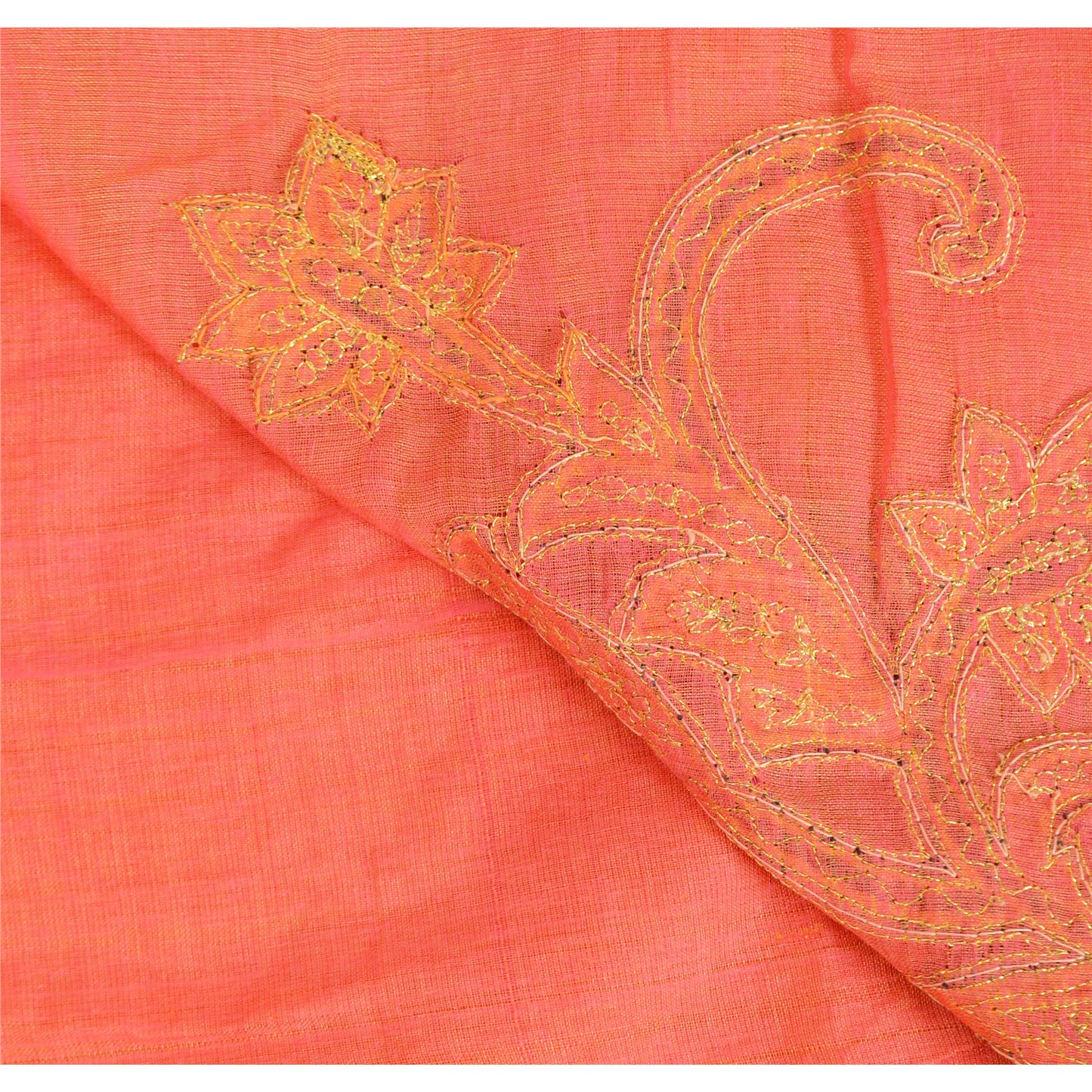 Sanskriti Vintage Indian Peach Sarees Cotton Silk Hand Beaded Sari Craft Fabric