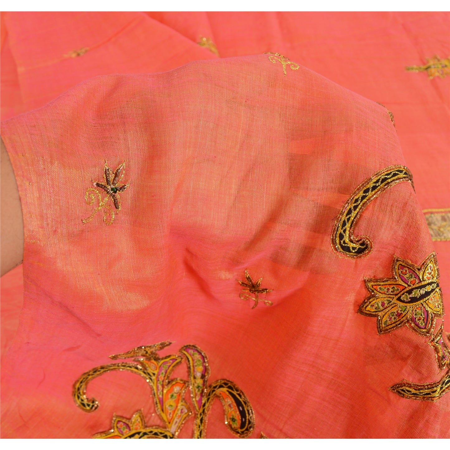 Sanskriti Vintage Indian Peach Sarees Cotton Silk Hand Beaded Sari Craft Fabric