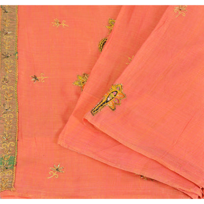 Sanskriti Vintage Indian Peach Sarees Cotton Silk Hand Beaded Sari Craft Fabric