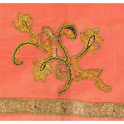 Sanskriti Vintage Indian Peach Sarees Cotton Silk Hand Beaded Sari Craft Fabric