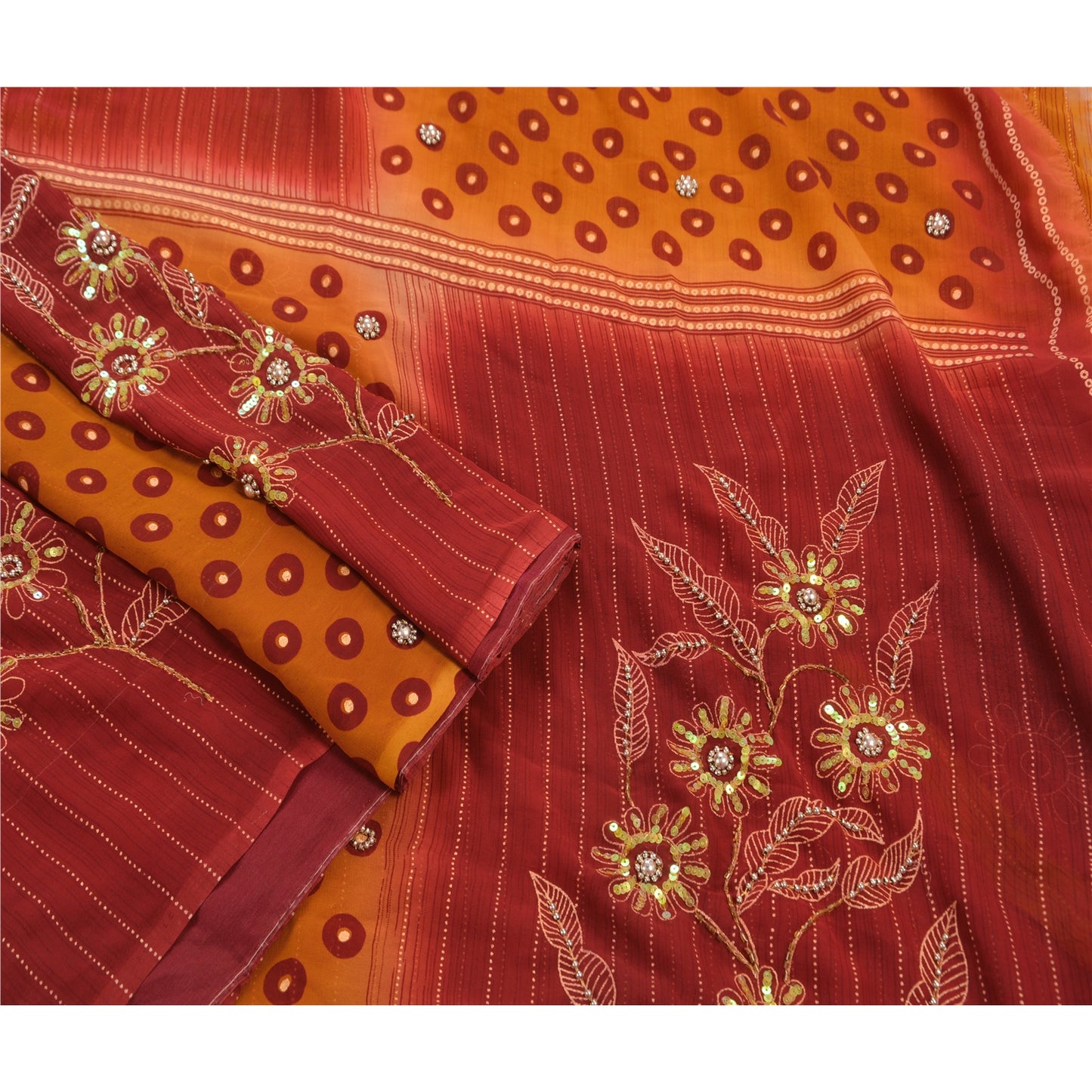 Sanskriti Vintage Saffron Sarees Georgette Hand Beaded Craft 5 YD Fabric Sari