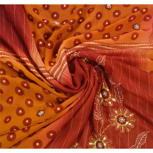 Sanskriti Vintage Saffron Sarees Georgette Hand Beaded Craft 5 YD Fabric Sari