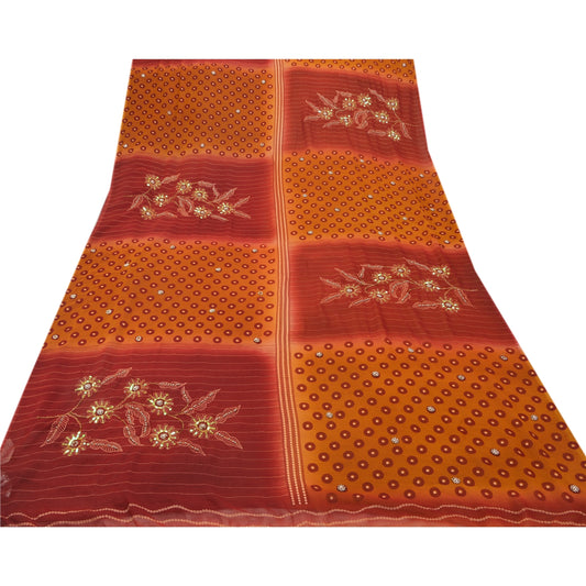 Sanskriti Vintage Saffron Sarees Georgette Hand Beaded Craft 5 YD Fabric Sari