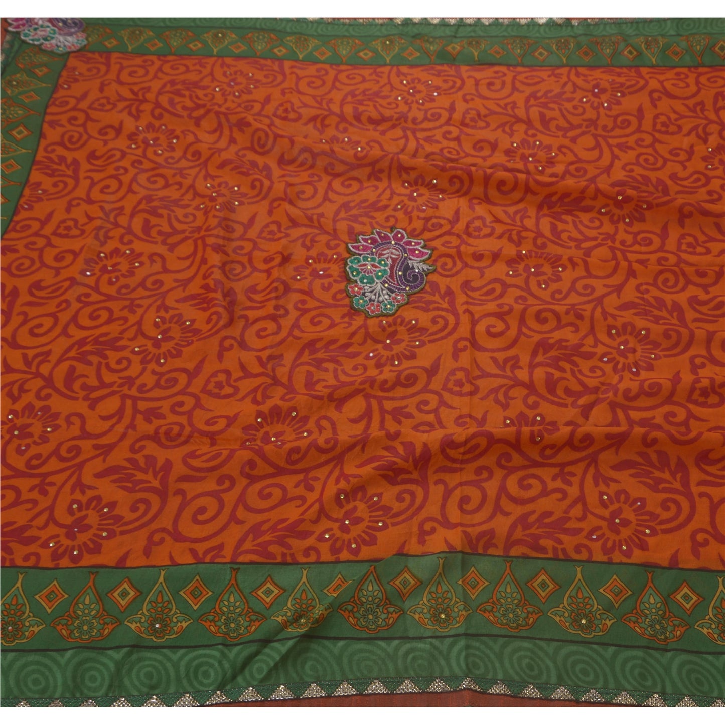 Sanskriti Vintage Orange Sarees Blend Georgette Hand Beaded Fabric Craft Sari