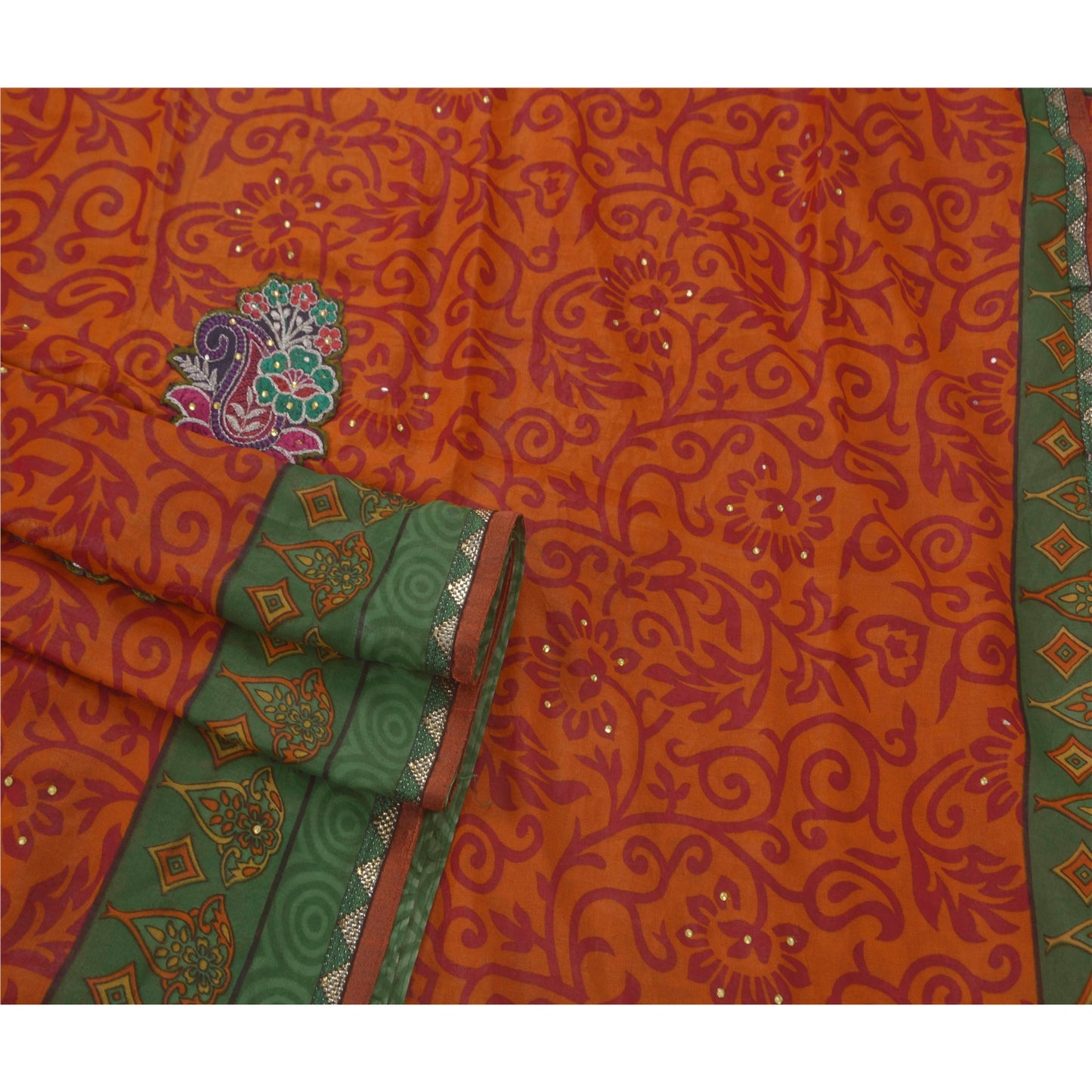 Sanskriti Vintage Orange Sarees Blend Georgette Hand Beaded Fabric Craft Sari